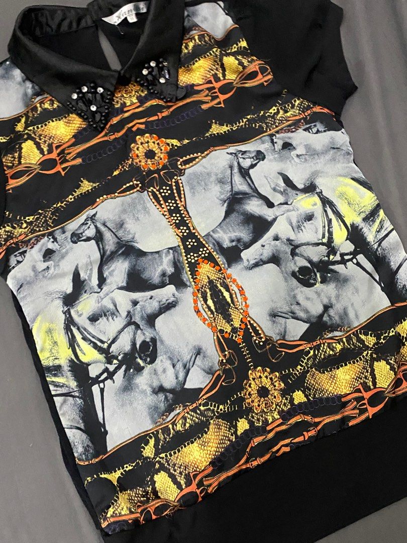 Chloe/Versace-ish Horse Print Beaded Top (Category: Others Tops) located in Caloocan City. Submitted by bb.paraiso (Listing ID 1396271242, Image 2). Description: Horse print beaded top for sale. 9/10 condition. See flaw on the last photo. Fits a xs-s. Helping Tags: Miu miu, Versace, Vivienne Westwood, Chanel, Chloe, Galliano, Dior. Y2k, Vintage .