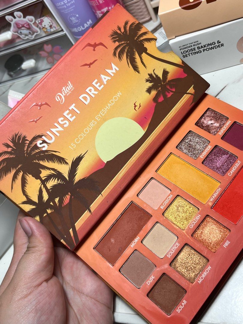 Detail Cosmetics Sunset Dream Eyeshadow Palette (Category: Makeup) located in Pasay City. Submitted by mkaa.24 (Listing ID 1396240165, Image 3). Description: 🌅 Detail Cosmetics Sunset Dream eyeshadow palette SRP/MALL Price: 599 🧡 15 warm, sunset-inspired shades 💛 Includes a mirror for easy application 🧡Like- new, in original packaging.