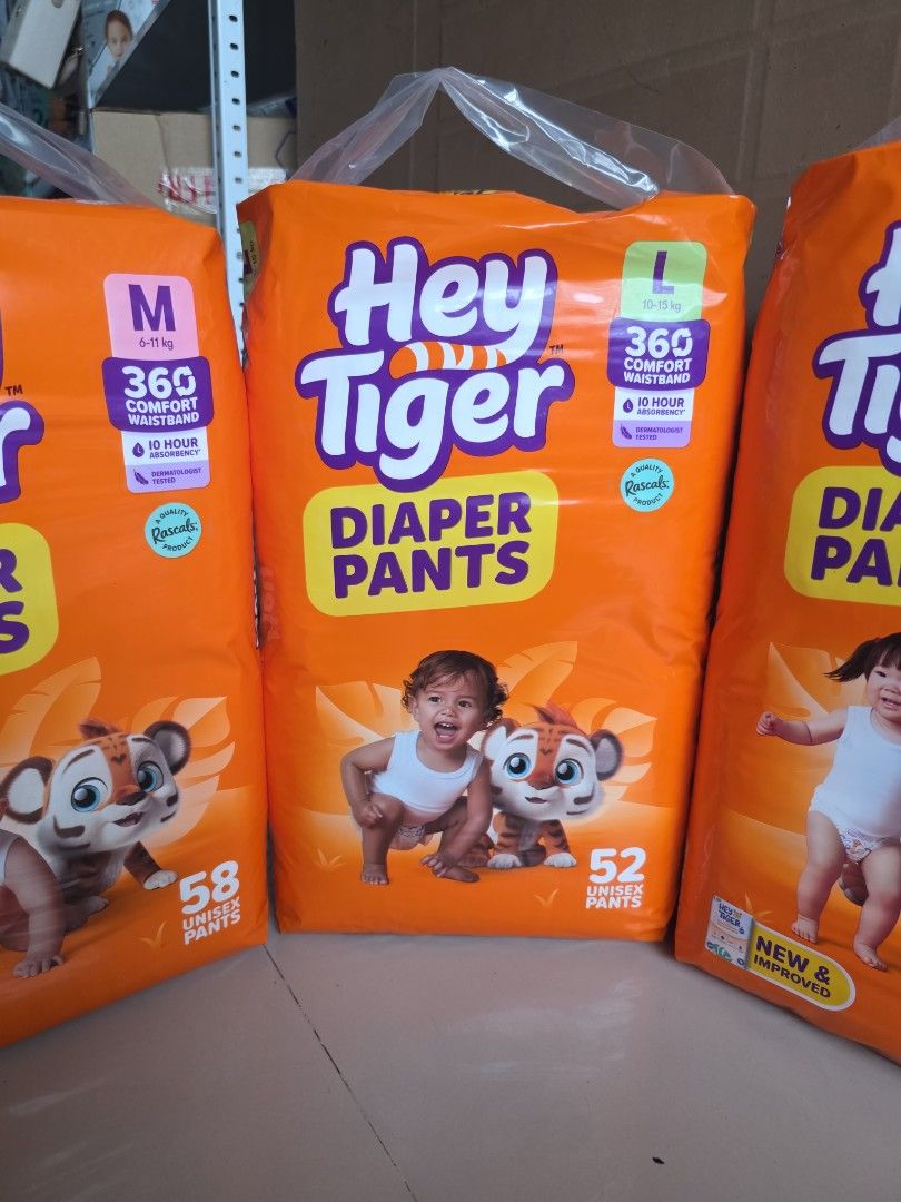 Hey Tiger Diaper Pants (Category: Diapers & Baby Wipes) located in Bulacan. Submitted by zj.onlineshop (Listing ID 1396130075, Image 1). Description: - Hey Tiger Diaper Pants - Available Sizes: L (52 counts), M (58 counts) - Features: - 360 Comfort Waistband - Up to 12-hour Absorbency - New and Improved Design - Perfect for your little one's comfort and protection..