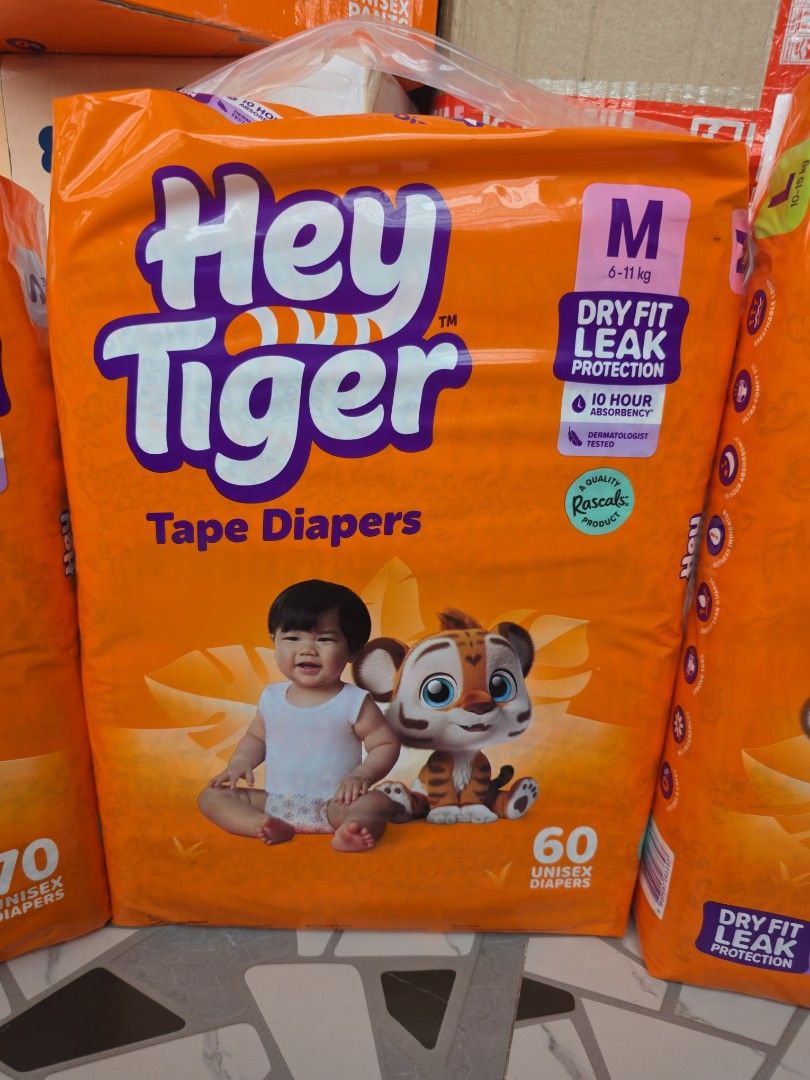 Hey Tiger Tape Diapers M Size (Category: Diapers & Baby Wipes) located in Bulacan. Submitted by zj.onlineshop (Listing ID 1396129929, Image 1). Description: - Hey Tiger Tape Diapers, Size M - 60 unisex diapers per pack - Features Dry Fit Leak Protection - Up to 10 hours of protection - Suitable for babies 6-17 kg.
