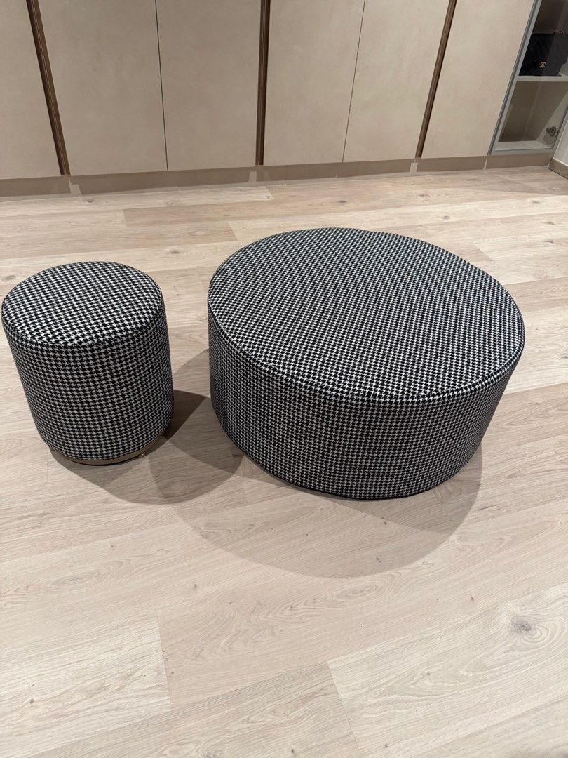 Houndstooth Pattern Stool (Category: Chairs) located in Singapore. Submitted by babyshan08 (Listing ID 1396247073, Image 2). Description: - Stylish houndstooth stool - Dimensions: 33cm diameter x 42cm height - Sturdy base and comfortable seating Condition 9.5/10.