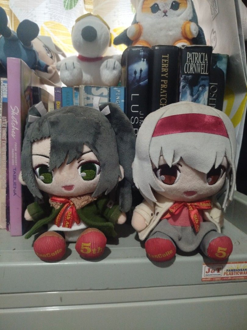 KANTAI COLLECTION KANCOLLE Anime Plush SET (Category: Plushies & Soft Toys) located in Baguio. Submitted by shrimpytrinkies (Listing ID 1396173992, Image 1). Description: - Adorable anime plush toys! - Features two characters. - One has gray pigtails and a green coat. - The other has white hair and a white coat. - Both have red accents. - Both are sitting down. - Number "5" on their feet. - Tags are visible..