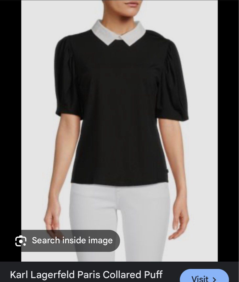 Karl Lagerfeld Shirt (Category: Shirts) located in Manila. Submitted by skiesdeclutter (Listing ID 1396119553, Image 1). Description: - Karl Lagerfeld Paris top - Size: S - Color: Black with white collar - Design: Collared with puff sleeves - Closure: Back button - Includes: Extra button - Fabric composition visible on tag.