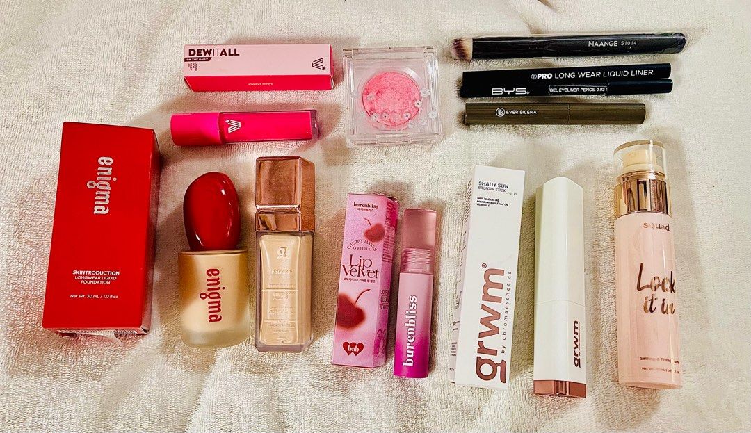 Makeup Bundle (Category: Makeup) located in Caloocan City. Submitted by kymeee (Listing ID 1396218802, Image 2). Description: Bought last July 2025 Mostly New / swatched only - Enigma Skin Introduction Foundation FN04 - GRWM Skin Booster Polaris - Dew It All Liquid Blush Always Sassy - IN2it Blush on - Barenbliss Lip Velvet - GRWM Bronzer Stick Coron - Squad Setting Spray - BYS Eyeliner Pencil - EB Browgel Shades : For Fair - Light Neutral undert