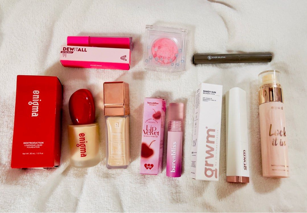 Makeup Bundle (Category: Makeup) located in Caloocan City. Submitted by kymeee (Listing ID 1396218802, Image 1). Description: Bought last July 2025 Mostly New / swatched only - Enigma Skin Introduction Foundation FN04 - GRWM Skin Booster Polaris - Dew It All Liquid Blush Always Sassy - IN2it Blush on - Barenbliss Lip Velvet - GRWM Bronzer Stick Coron - Squad Setting Spray - BYS Eyeliner Pencil - EB Browgel Shades : For Fair - Light Neutral undert