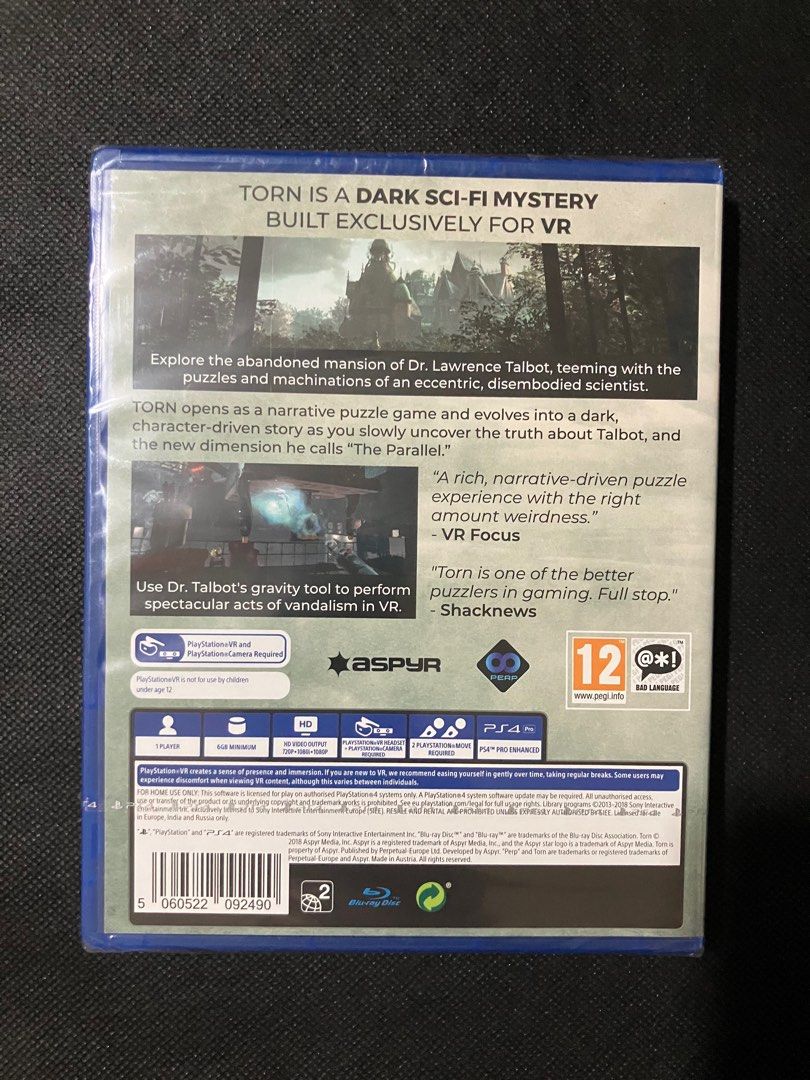 PS4 Torn VR R2 PAL UK (Category: PlayStation) located in Quezon City. Submitted by kurosu09 (Listing ID 1396206568, Image 2). Description: *Sealed* - VR dark sci-fi mystery game - Explore Dr. Talbot's abandoned mansion - Solve puzzles - Uncover a dark, character-driven story - PlayStation VR required.