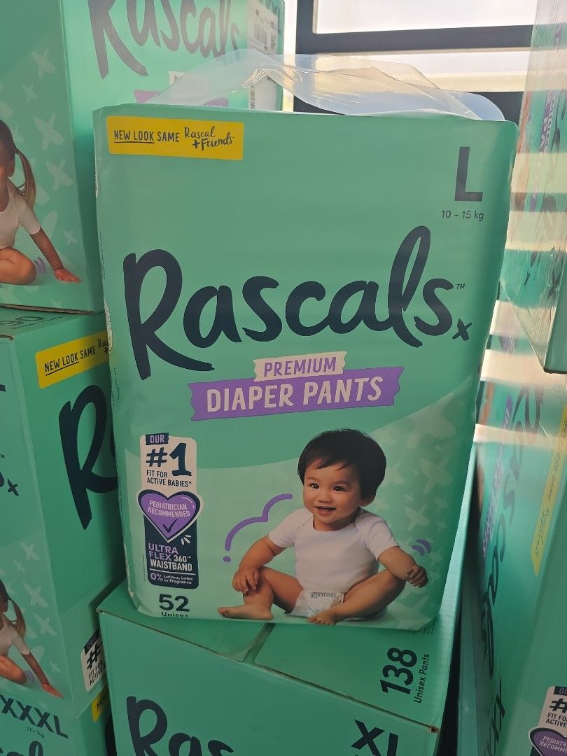 Rascals Premium Diaper Pants L (Category: Diapers & Baby Wipes) located in Bulacan. Submitted by zj.onlineshop (Listing ID 1396130912, Image 1). Description: - Rascals Premium Diaper Pants - Size: L (52 pieces per pack) - Suitable for babies: 10-15 kg - Features: Ultra Flex Fit for comfort and Active Core for superior absorbency - New look, same trusted Rascals quality..