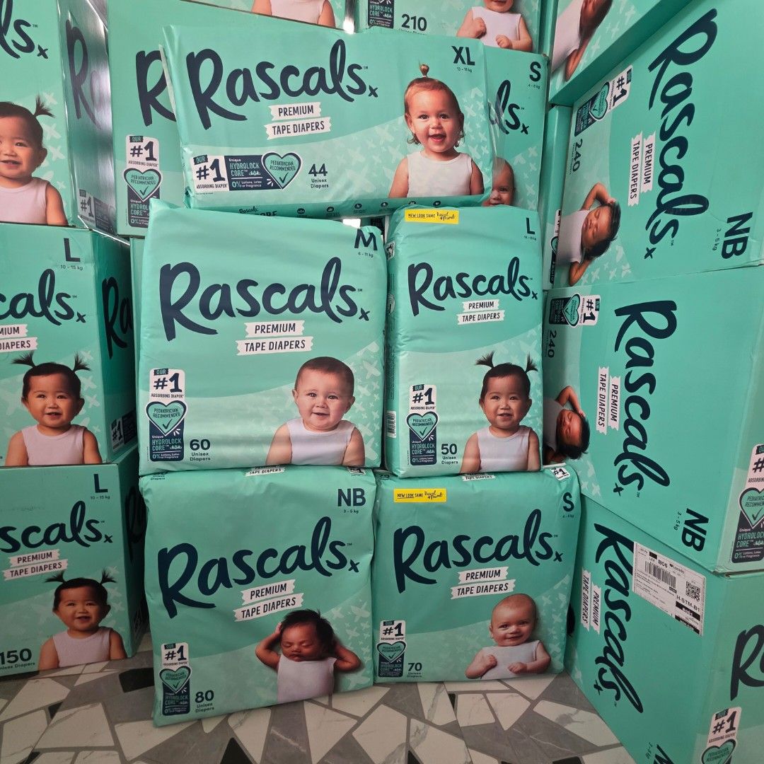 Rascals Premium Tape Diapers - Various Sizes (Category: Diapers & Baby Wipes) located in Bulacan. Submitted by zj.onlineshop (Listing ID 1396130340, Image 1). Description: - Rascals Premium Tape Diapers - Available Sizes: NB (Newborn), S (Small), M (Medium), L (Large), XL (Extra Large) - Pack count varies by size..