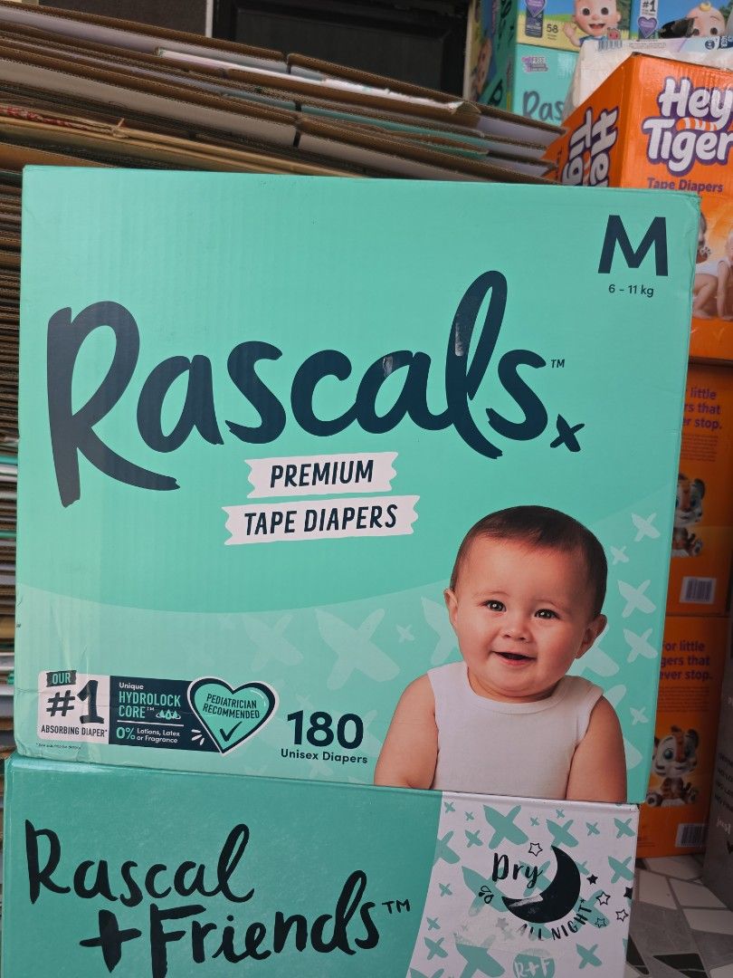Rascals Premium Tape Diapers - M Size (Category: Diapers & Baby Wipes) located in Bulacan. Submitted by zj.onlineshop (Listing ID 1396130541, Image 1). Description: - Rascals Premium Tape Diapers - Size: M (180 diapers) - Unisex - Weight: 6-11 kg - Features HYDROLOCK CORE technology - Rascals + Friends branding.