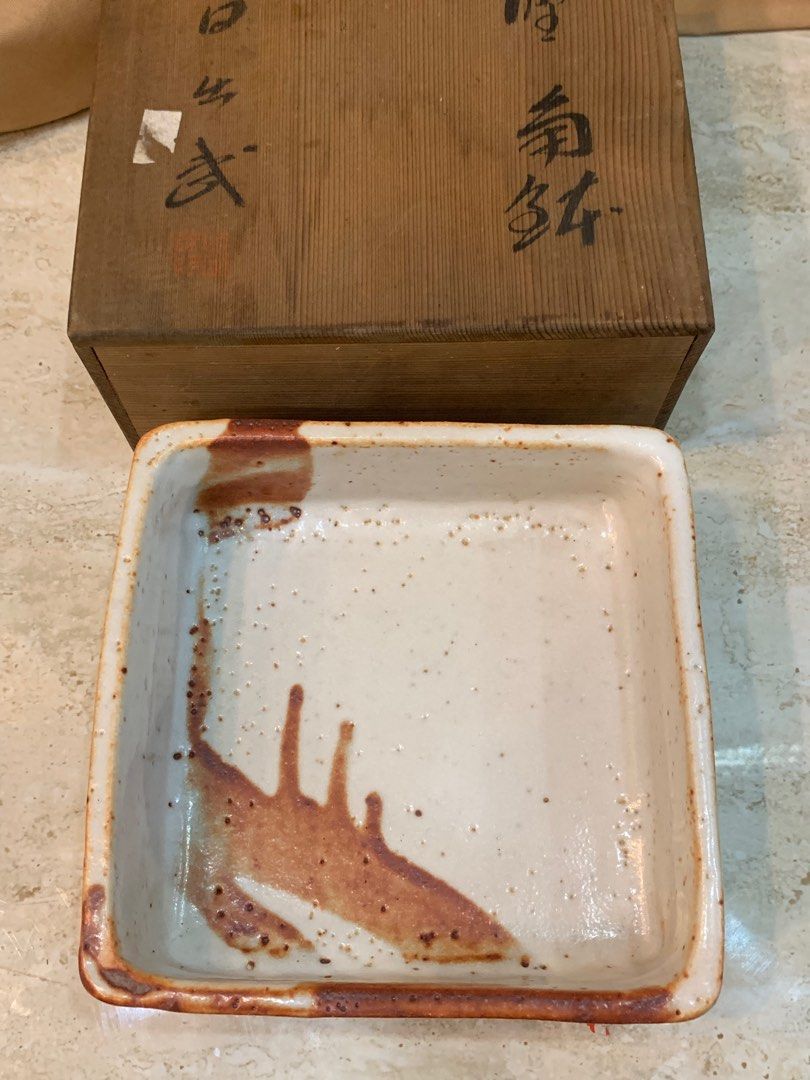 Stoneware Shino Yaki Footed Tray (Category: Food Organization & Storage) located in Taguig. Submitted by gabagoolz (Listing ID 1396181633, Image 2). Description: Dimensions: 6.75 in d x 6.75 in d x 2.5 in h With wooden box. Thick and heavy, perfect to store your matcha tin cans and accessories.