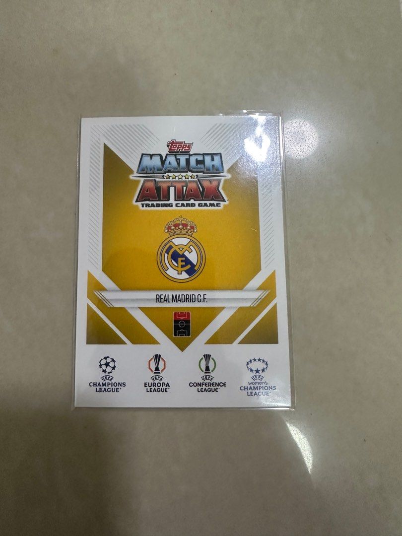 Topps Match Attax Mbappe Real Madrid Card (Category: Raw Cards) located in Singapore. Submitted by numbered-card-shop (Listing ID 1396158290, Image 1). Description: - Topps Match Attax card - Features Kylian Mbappe - Playing for Real Madrid - Comes in a protective sleeve - Ideal for collectors and fans.