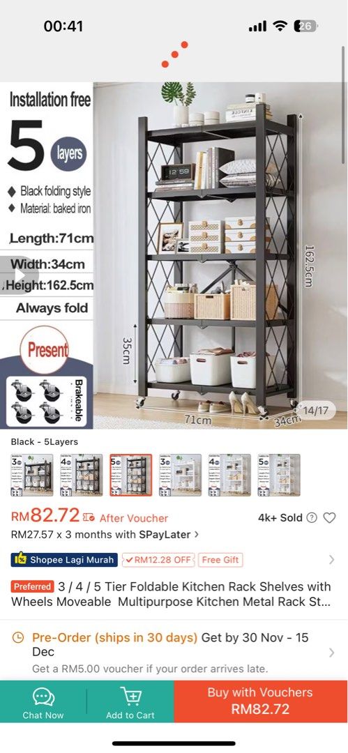 Rollable Kitchen Metal Rack 5 Tier Foldable Kitchen Rack Shelves with Wheels Moveable Multipurpose ...