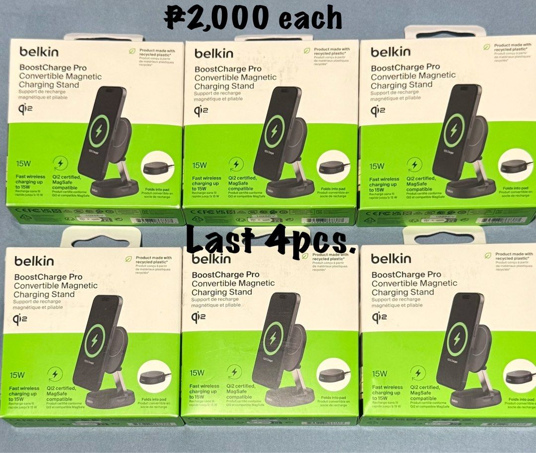 Belkin BoostCharge Pro Convertible Magnetic Charging Stand (Category: Chargers & Cables) located in Quezon City. Submitted by mva08 (Listing ID 1401237897, Image 1). Description: Belkin BoostCharge Pro Convertible Magnetic Charging Stand Black 15w fast wireless charging Brand new sealed from my Power Mac freebies Original price ₱3,000 Selling it for ₱1,400 na lang Lalamove ready.