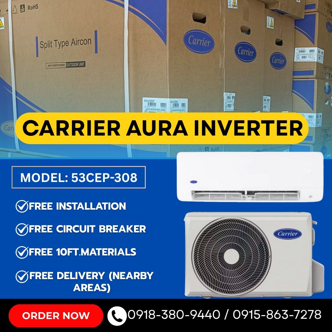 CARRIER AURA INVERTER SPLIT TYPE AIRCON (Category: Air Conditioning and Heating) located in Quezon City. Submitted by airconph. (Listing ID 1401269363, Image 1). Description: 💯BRAND NEW SPLIT TYPE AIRCON 💙CARRIER AURA INVERTER (FULL DC) Model: ▪️53CEP009-308 - 1.0HP ▪️53CEP012-308 - 1.5HP ▪️53CEP018-308 - 2.0HP ▪️53CEP024-308 - 2.5HP FREE INSTALLATION and FREE BREAKER FREE DELIVERY (nearby areas) Inclusion: -10ft.coppertube -1length PVC drain p