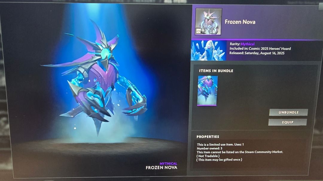 Dota 2 Frozen Nova Bundle (Category: In-Game Products) located in Binan City. Submitted by Roj_Vizcarra07 (Listing ID 1401277181, Image 1). Description: Process via Gift Transaction (new customers): 1. Full payment or at least 50% downpayment of total order 2. Add as friend and wait 30 days (Skip if we're already friends) 3. I will confirm if your account is ready to receive gifts 4. Settle any remaining balance 5. Wait for your order to be sent,