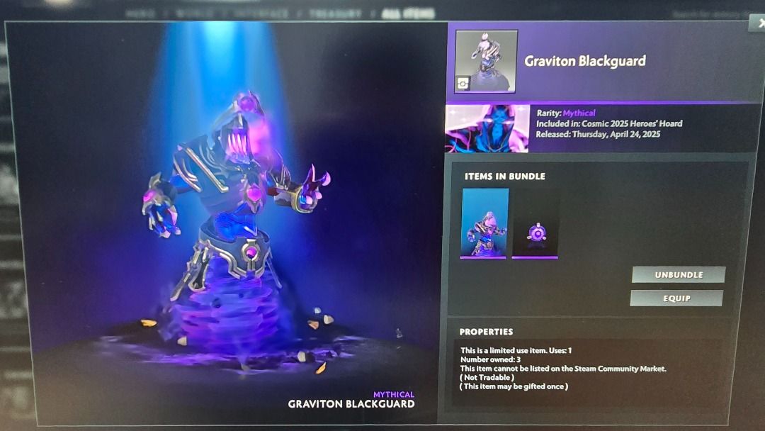 Dota 2 Graviton Blackguard (Category: In-Game Products) located in Binan City. Submitted by Roj_Vizcarra07 (Listing ID 1401276793, Image 1). Description: Process via Gift Transaction (new customers): 1. Full payment or at least 50% downpayment of total order 2. Add as friend and wait 30 days (Skip if we're already friends) 3. I will confirm if your account is ready to receive gifts 4. Settle any remaining balance 5. Wait for your order to be sent