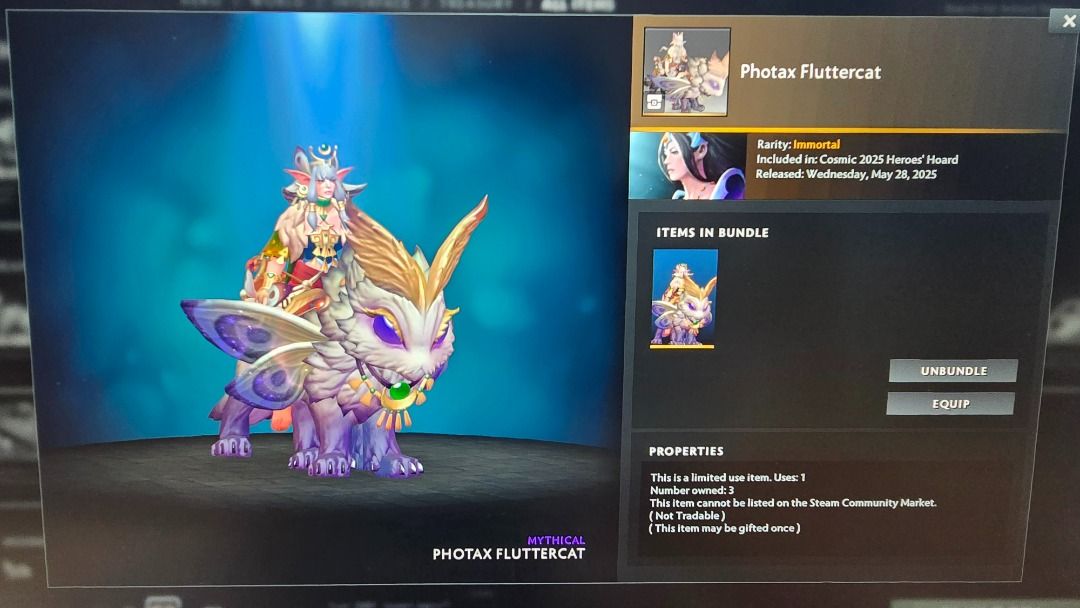 Dota 2 Photax Fluttercat Immortal Bundle (Category: In-Game Products) located in Binan City. Submitted by Roj_Vizcarra07 (Listing ID 1401277336, Image 1). Description: Process via Gift Transaction (new customers): 1. Full payment or at least 50% downpayment of total order 2. Add as friend and wait 30 days (Skip if we're already friends) 3. I will confirm if your account is ready to receive gifts 4. Settle any remaining balance 5. Wait for your or