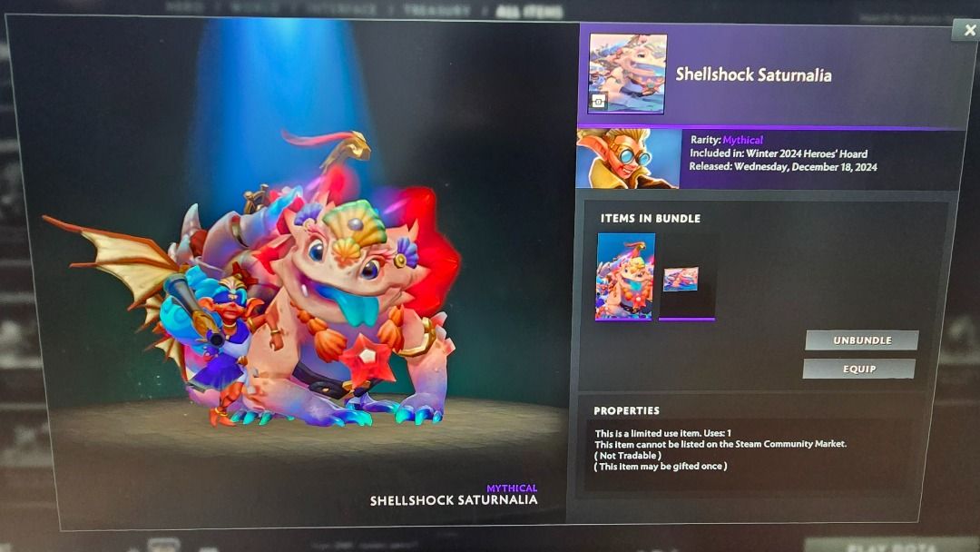 Dota 2 Shellshock Saturnalia (Category: In-Game Products) located in Binan City. Submitted by Roj_Vizcarra07 (Listing ID 1401276344, Image 1). Description: Process via Gift Transaction (new customers): 1. Full payment or at least 50% downpayment of total order 2. Add as friend and wait 30 days (Skip if we're already friends) 3. I will confirm if your account is ready to receive gifts 4. Settle any remaining balance 5. Wait for your order to be se