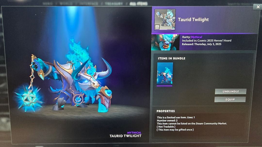 Dota 2 Taurid Twilight Mythical Bundle (Category: In-Game Products) located in Binan City. Submitted by Roj_Vizcarra07 (Listing ID 1401276617, Image 1). Description: Process via Gift Transaction (new customers): 1. Full payment or at least 50% downpayment of total order 2. Add as friend and wait 30 days (Skip if we're already friends) 3. I will confirm if your account is ready to receive gifts 4. Settle any remaining balance 5. Wait for your orde