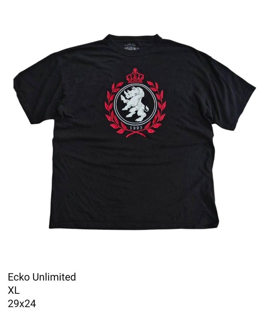 Ecko Unltd. XL T-Shirt (Category: Tshirts & Polo Shirts ) located in Trece Martires City. Submitted by warmix (Listing ID 1401346767, Image 1). Description: Authentic Ecko Unltd. T-shirt in size XL. Features a unique design with a rhino emblem and the year 1993. Made of 100% cotton. The shirt is black with a red and white graphic. Made in Mexico..