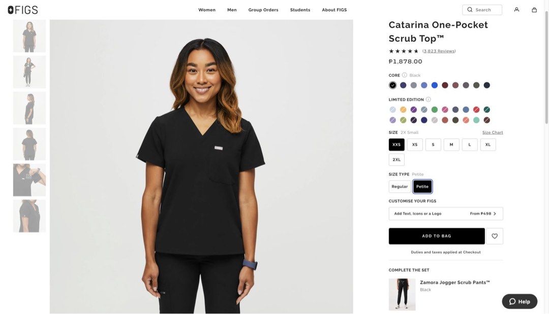 FIGS SCRUBS BLACK (Category: Sets or Coordinates) located in Quezon City. Submitted by essief (Listing ID 1401324290, Image 2). Description: 📌 Catarina one pocket scrub top in size XXS (petite) 📌 Zamora high-waisted pants in size XS (petite) No issues RFS: Need to size up Bought from FIGS website for P4,300 plus shipping fee .