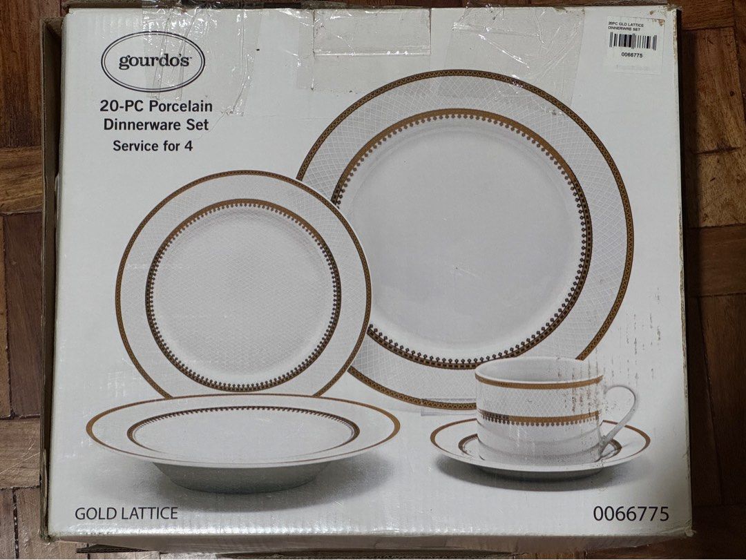 Gourdos 20-PC Porcelain Dinnerware Set (Category: Dinnerware & Cutlery) located in Quezon City. Submitted by sj35452 (Listing ID 1401225871, Image 1). Description: Box unsealed but never used Includes: - Dinner Plate - Small Plate - Bowl Plate - Saucer - Small Mug.