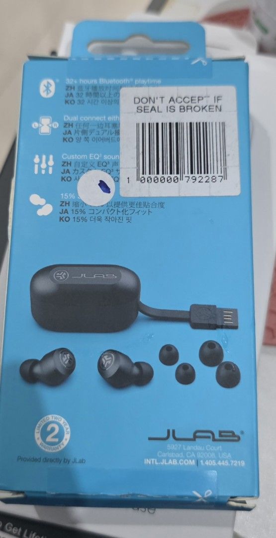 JLab Go Air Pop True Wireless Earbuds (Category: Earphones) located in Makati City. Submitted by harrys08 (Listing ID 1401302431, Image 2). Description: JLab Go Air Pop true wireless earbuds with 32+ hours of playtime. Features dual connect and touch sensors. Includes the earbuds, charging case, and extra ear tips. The box also includes a USB charging cable. The box is opened but never used..