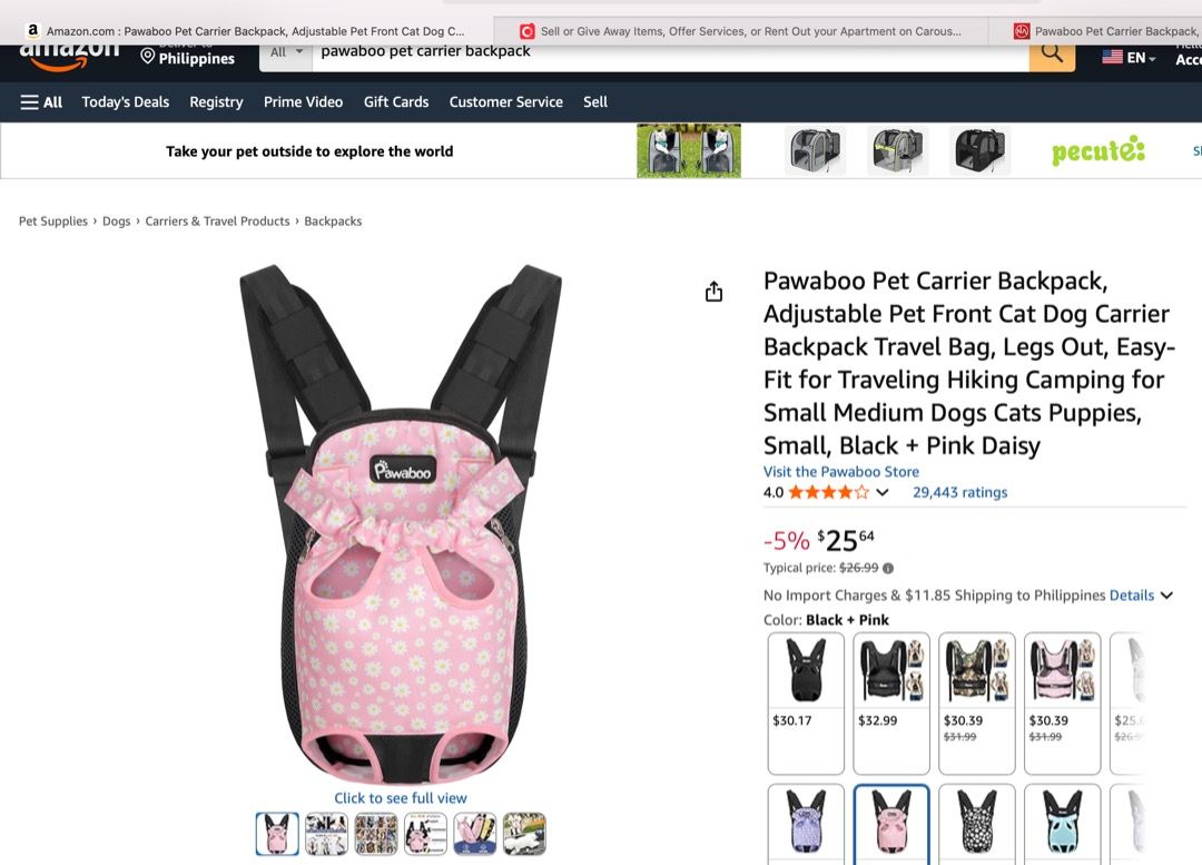 Pawaboo Pet Carrier Backpack Pink Daisy (Category: Homes & Other Pet Accessories) located in Manila. Submitted by ya1121 (Listing ID 1401322722, Image 2). Description: - Original - High Quality - Pawaboo pet carrier backpack for small dogs and cats. - Adorable pink daisy print. - Comfortable adjustable straps. - Breathable mesh design for ventilation. - Secure drawstring closure. - Front opening for pet to see surroundings. - Ideal for walks and 