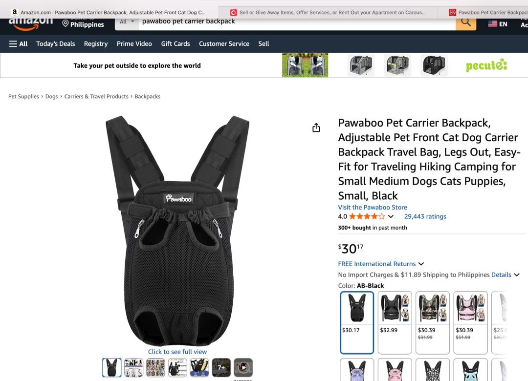 Pawaboo Pet Carrier Backpack small/medium dogs cats (Category: Homes & Other Pet Accessories) located in Manila. Submitted by ya1121 (Listing ID 1401301478, Image 2). Description: - Pawaboo pet carrier backpack for small pets. - Designed for small dogs and cats. - Features breathable mesh for ventilation. - Adjustable straps for a secure fit. - Includes openings for legs and head. - Ideal for walks, hikes, and travel. -BINUKSAN LANG PARA ISUKAT S