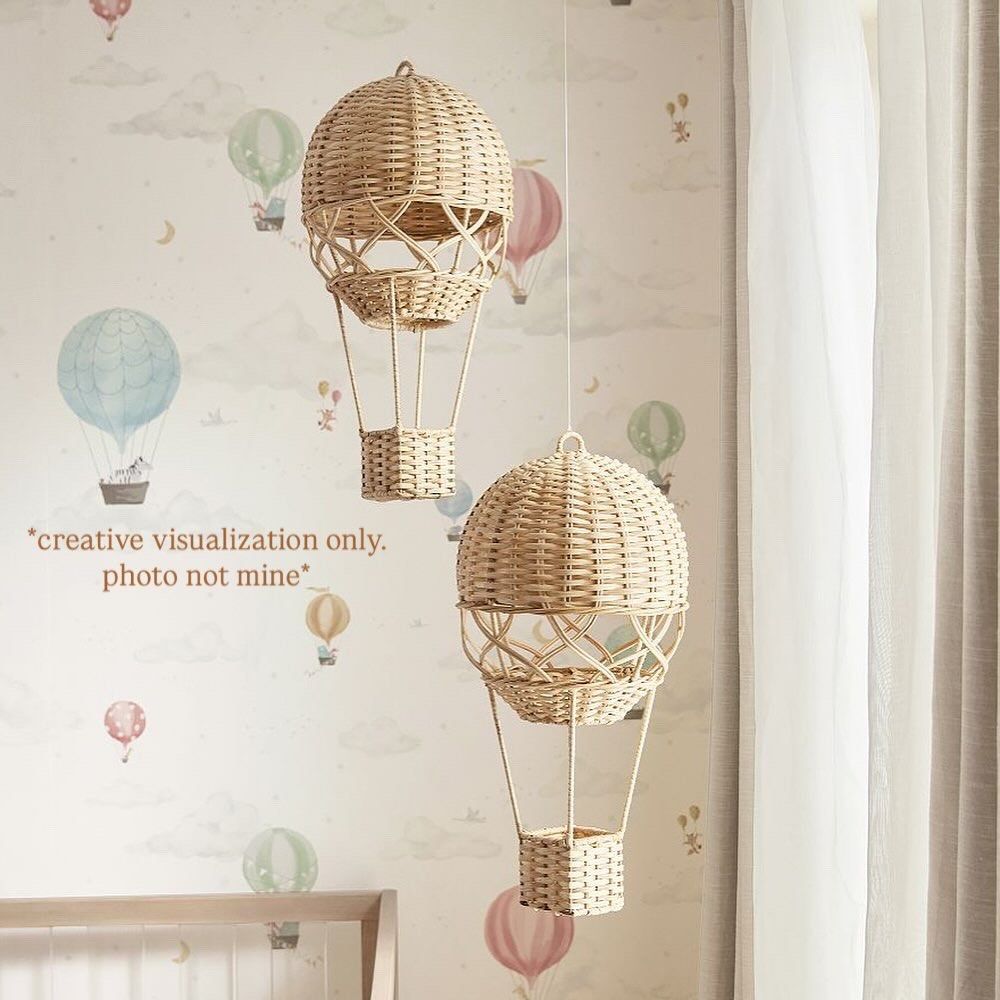Rattan Hot Air Balloon (Category: Other Home Decor) located in Baguio. Submitted by apihours (Listing ID 1401168898, Image 3). Description: Brand new. Super nice touch to your kids' play room! This looks so similar to Pottery Barn's Hot Air Balloon Mobile. 😍 Balloon Diameter: 10" diameter Basket: 3.5" diameter, 3.25" high Hanging String: 10" long Weight: 2 lbs .