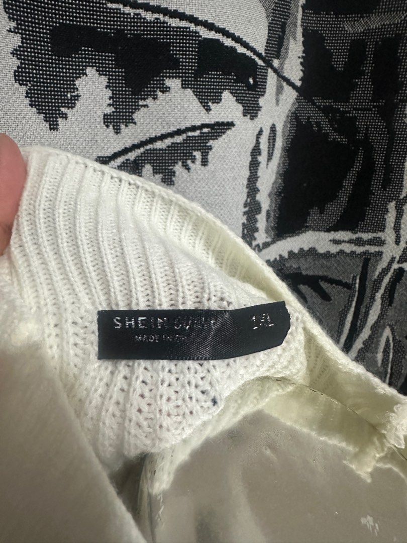 Shein Curve White Sweater 1XL (Category: Coats, Jackets and Outerwear) located in Antipolo. Submitted by declutteringsizzy (Listing ID 1401275619, Image 3). Description: - Shein Curve white sweater - Size: 1XL - Style: Mock neck, long sleeves - Material: Knit fabric - Color: White - Width = 23.5in” - Length = 19in”.