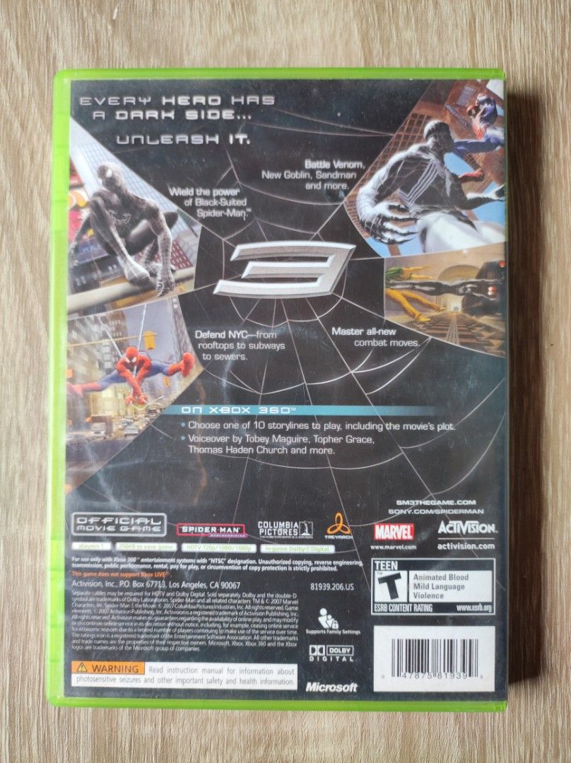 Spider-Man 3 Game Xbox 360 (Category: Xbox) located in Quezon City. Submitted by theplugresearch (Listing ID 1401222726, Image 2). Description: Spider-Man 3 NTSC for the Xbox 360 console is region-free and will work on all regions NTSC, NTSC-J, and PAL. Region Guide: NTSC: (yes) NTSC-J: (yes) PAL: (yes) SHOULD YOU BUY THIS GAME? - Play as the OG Spider-Man Tobey Maguire himself to shoot some webs, fight crime, fly and glide in the sky while switc