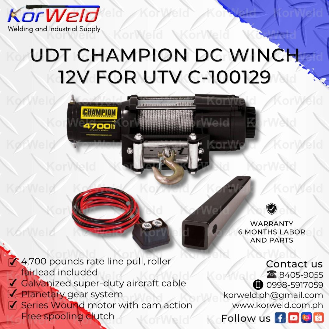 UDT Champion DC Winch 12V for UTV C-100129 (Category: Looking For) located in Manila. Submitted by korweld.ph (Listing ID 1401171664, Image 1). Description: UDT Champion DC Winch 12V for UTV C-100129 SPECIFICATIONS : Model : C-100129 Capacity : 2,131kg (4,700lb) Drum Size : 50.8 x 125mm Operating Voltage : DC 12V Speed : 1.2 m/min Wire Thickness : 6.0ø Wire Length : 11.6m Weight : 14.6kg Warranty : 6 Months on Labor and Parts KORWELD INC. Contact