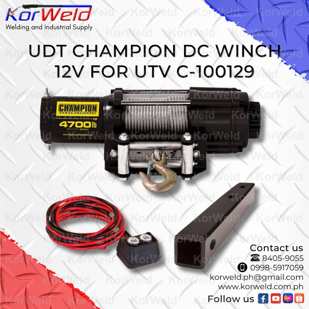 UDT Champion DC Winch 12V for UTV C-100129 (Category: Looking For) located in Manila. Submitted by korweld.ph (Listing ID 1401171664, Image 2). Description: UDT Champion DC Winch 12V for UTV C-100129 SPECIFICATIONS : Model : C-100129 Capacity : 2,131kg (4,700lb) Drum Size : 50.8 x 125mm Operating Voltage : DC 12V Speed : 1.2 m/min Wire Thickness : 6.0ø Wire Length : 11.6m Weight : 14.6kg Warranty : 6 Months on Labor and Parts KORWELD INC. Contact