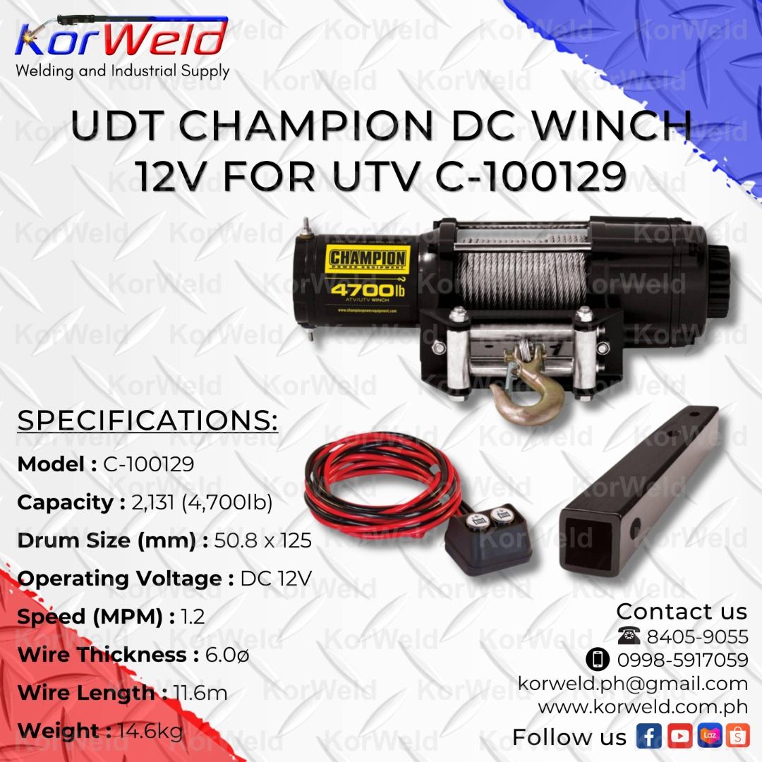 UDT Champion DC Winch 12V for UTV C-100129 (Category: Looking For) located in Manila. Submitted by korweldinc (Listing ID 1401175997, Image 3). Description: UDT Champion DC Winch 12V for UTV C-100129 SPECIFICATIONS : Model : C-100129 Capacity : 2,131kg (4,700lb) Drum Size : 50.8 x 125mm Operating Voltage : DC 12V Speed : 1.2 m/min Wire Thickness : 6.0ø Wire Length : 11.6m Weight : 14.6kg Warranty : 6 Months on Labor and Parts KORWELD INC. Contact