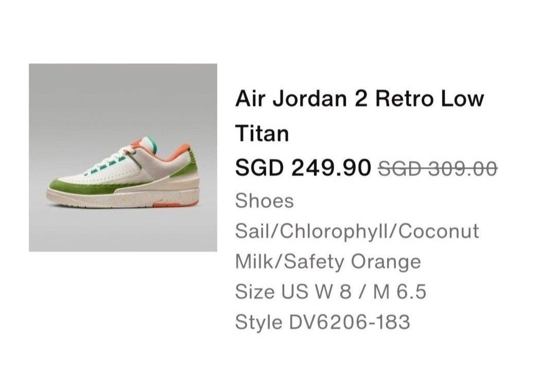 Air Jordan 2 Retro Low Titan (Category: Sneakers) located in Bulacan. Submitted by tchrdeclutters (Listing ID 1401517598, Image 1). Description: Air Jordan 2 Retro Low Titan shoes in Sail/Chlorophyll/Coconut Milk/Safety Orange colorway. Includes extra laces. Size US W 8 / M 6.5. Style DV6206-183. The shoes are in the original box..