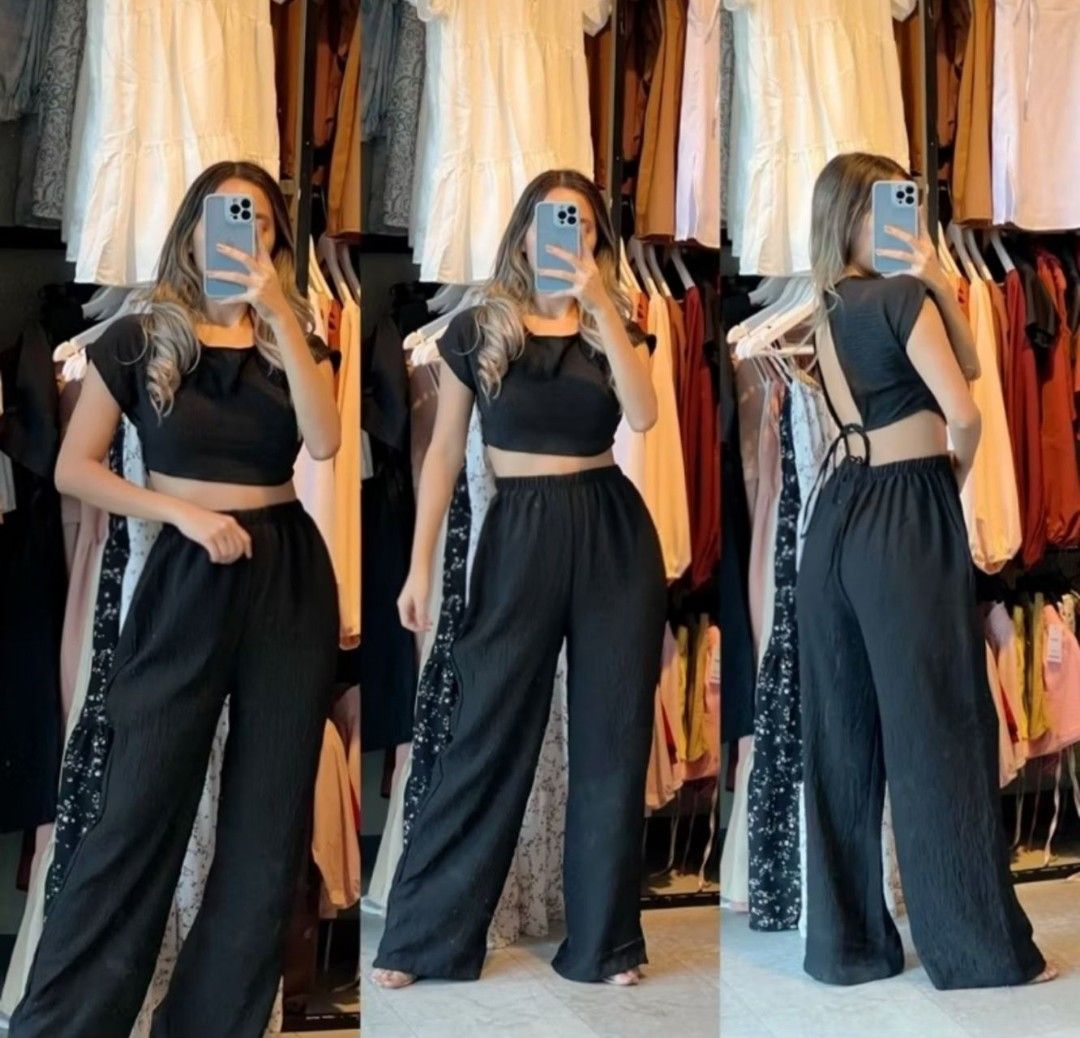 Black Crop Top and Wide Leg Pants Set (Category: Sets or Coordinates) located in Pasig City. Submitted by queenbstuff (Listing ID 1401483482, Image 1). Description: -Best Fit Small-Medium Size. - Croptop Backless Top. - Wide-leg pants. Highwaist. READ before making an offer. 🔹️Location: Pasig City 🔹️Shipping within Metro Manila Only 🔹️Read item description. 🔹️NO When Worn. 🔹️Last Price Posted. 🔹️Preloved. Unless stated Brand New.Manage your