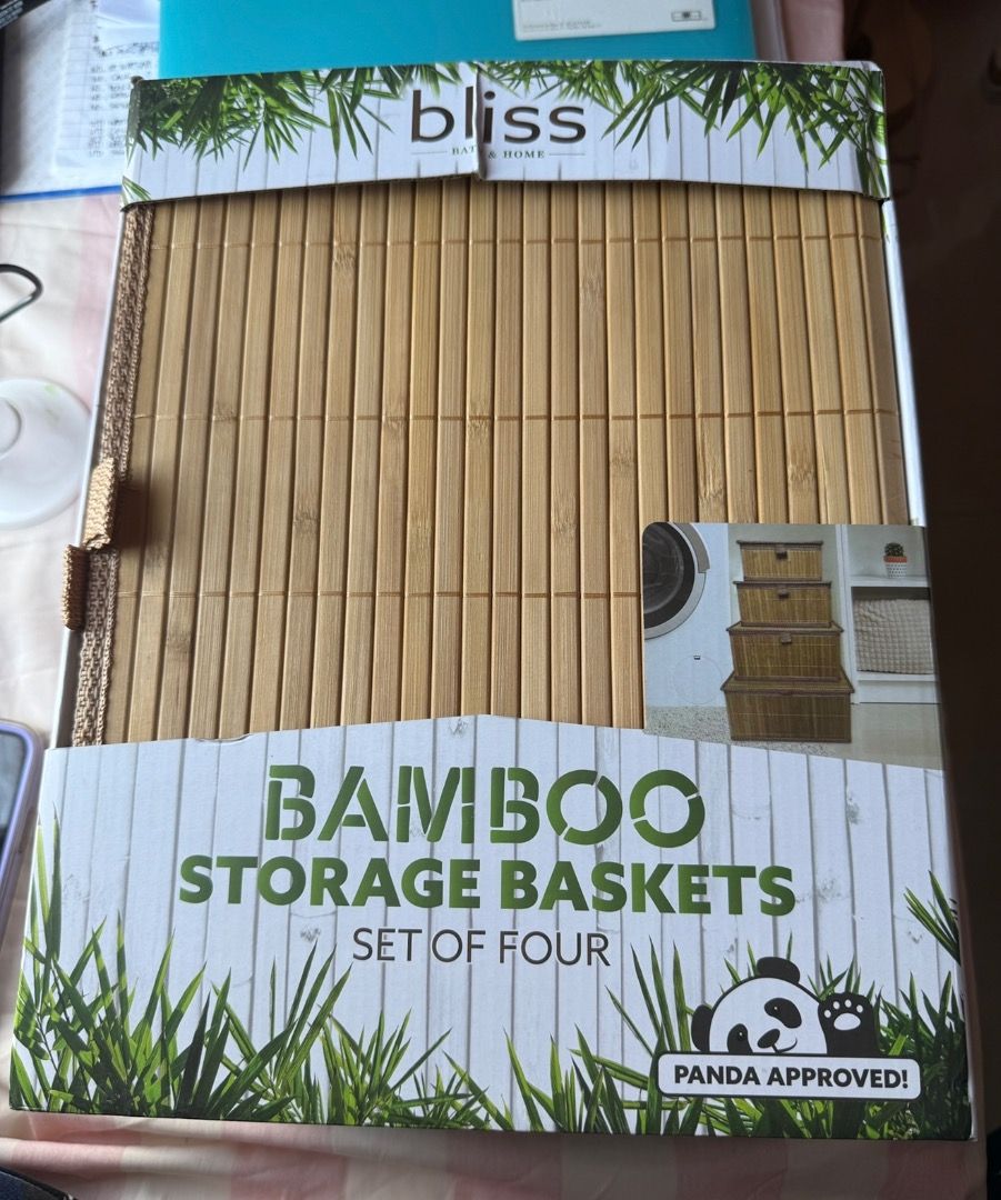Bliss Bamboo Storage Baskets Set of Four (Category: Storage Boxes & Baskets) located in Tiaong. Submitted by bopeep23 (Listing ID 1401420022, Image 1). Description:  Bliss Bamboo Storage Baskets  Includes 4 stackable baskets  Sizes: Small: 9" x 6.5" x 4" Medium: 10" x 7.5" x 4.75" Large: 12" x 9.5" x 6" Extra Large: 13.5" x 10.25" x 6.25"  Eco-friendly design  Space-saving, Long lasting Durable built, Stackable Construction  Panda approved!