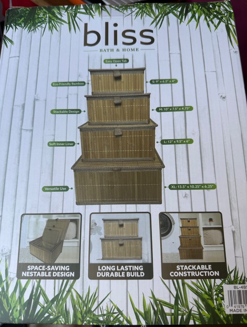 Bliss Bamboo Storage Baskets Set of Four (Category: Storage Boxes & Baskets) located in Tiaong. Submitted by bopeep23 (Listing ID 1401420022, Image 2). Description:  Bliss Bamboo Storage Baskets  Includes 4 stackable baskets  Sizes: Small: 9" x 6.5" x 4" Medium: 10" x 7.5" x 4.75" Large: 12" x 9.5" x 6" Extra Large: 13.5" x 10.25" x 6.25"  Eco-friendly design  Space-saving, Long lasting Durable built, Stackable Construction  Panda approved!