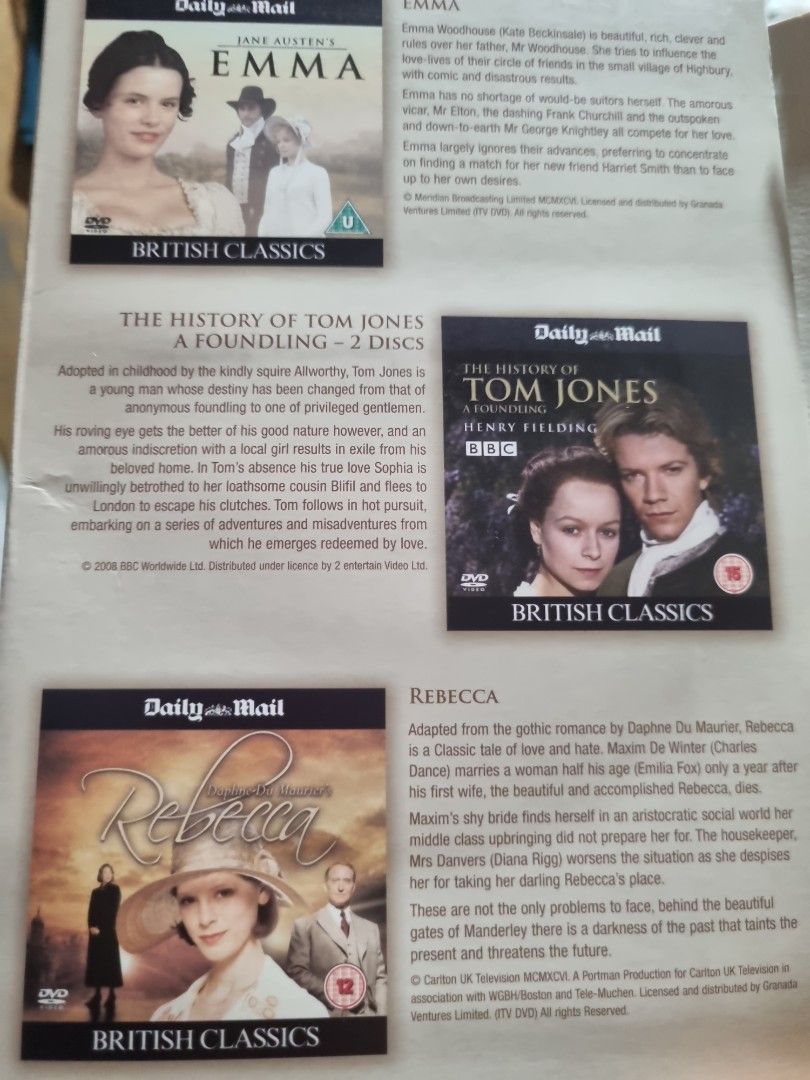 British Classics Collection DVD Set (Category: Storybooks) located in Paombong. Submitted by sweetdeals0181656 (Listing ID 1401506756, Image 3). Description: British Classics Collection DVD 1. Emma 2. Tom Jones 2 Discs 3. Rebecca 4. Wives and Daughters 5 Mansfield Park 6. Wuthering Heights 7. Northanger Abbey 8. Middlemarch .