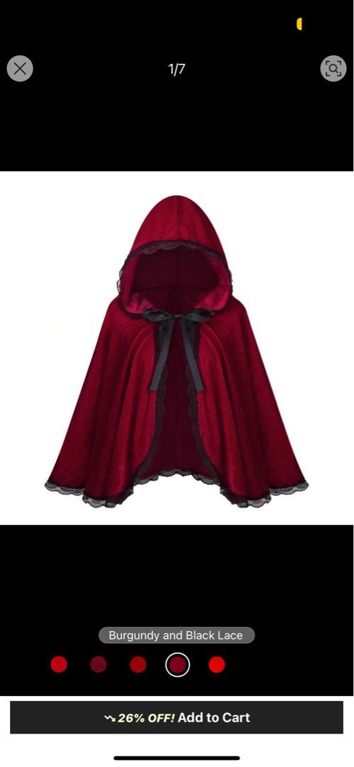 Burgundy Cape with Black Lace (Category: Coats, Jackets and Outerwear) located in Quezon City. Submitted by wornbykc (Listing ID 1401458162, Image 1). Description: - Burgundy cape - Black lace trim - Hooded - Black ribbon tie closure - Soft, flowing fabric - Perfect for halloween costumes or gothic style.
