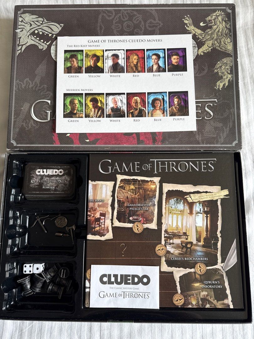 Cluedo Game of Thrones Board Game (Category: Board Games & Puzzles) located in Taguig. Submitted by ms.gf (Listing ID 1401382201, Image 2). Description: - Game of Thrones Cluedo board game - Includes game board, cards, tokens, dice, and player pieces - Features locations and characters from the TV series - All components are present - Great for fans of the show and board game enthusiasts.