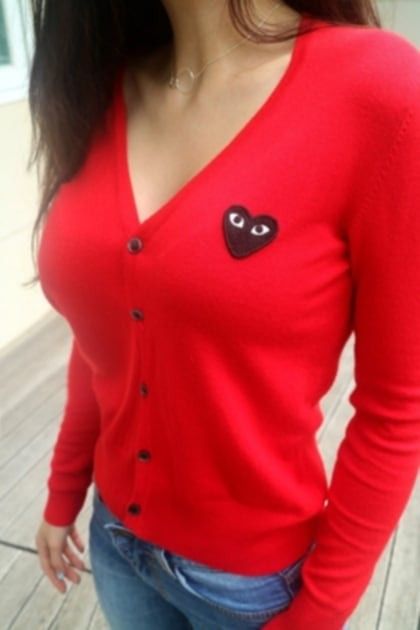 Comme des Garcons Play Red Cardigan ( small to medium) (Category: Coats, Jackets and Outerwear) located in Arayat. Submitted by keenwolf-a7b5 (Listing ID 1401487643, Image 1). Description: - Comme des Garcons Play cardigan - Red color - Features iconic black heart logo - V-neck design - Button closure - Made in Japan - Small to medium -Dimes 18.5 x 24 .