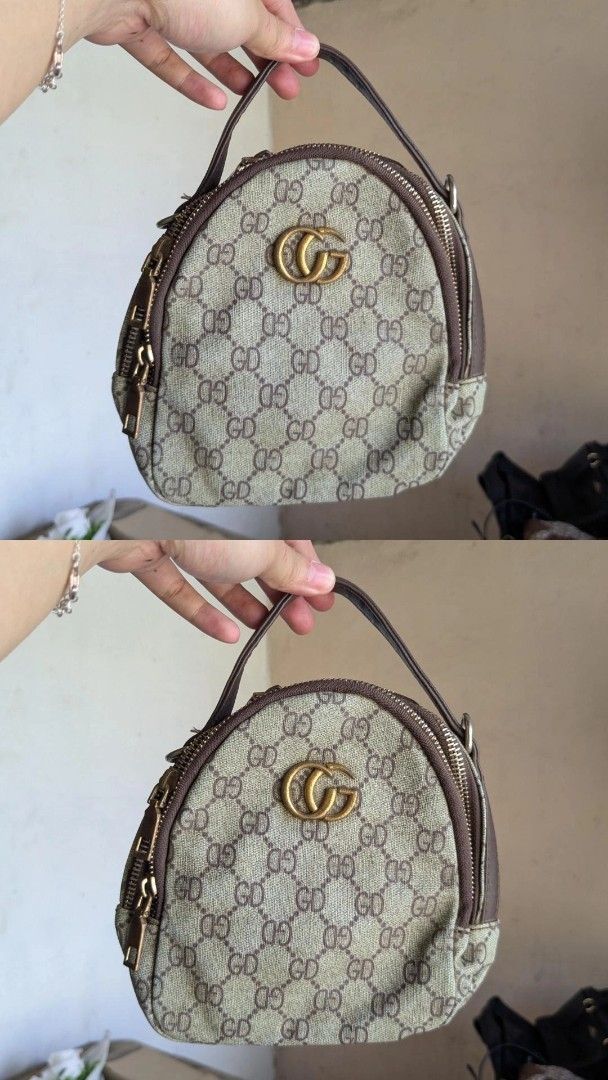 Gucci GG Mini Backpack (Category: Cross-body Bags) located in Baguio. Submitted by lucky_curated (Listing ID 1401381777, Image 1). Description: - Mini backpack with GG monogram pattern. - Top handle and zip closure. - Gold-tone GG logo detail. - Brown trim and handle. - Compact size, ideal for essentials..