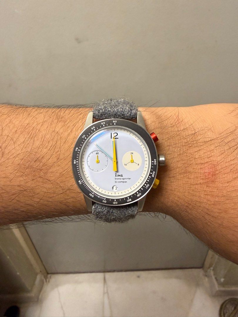 Lima Kronosprinter (Category: Watches) located in Petaling Jaya. Submitted by muizzuddinmz (Listing ID 1401504458, Image 1). Description: - lima kronosprinter Bi-Complex Chronograph Watch - Comes with box and original strap - Indonesia microbrand - Silver-colored bezel - Chronograph function.