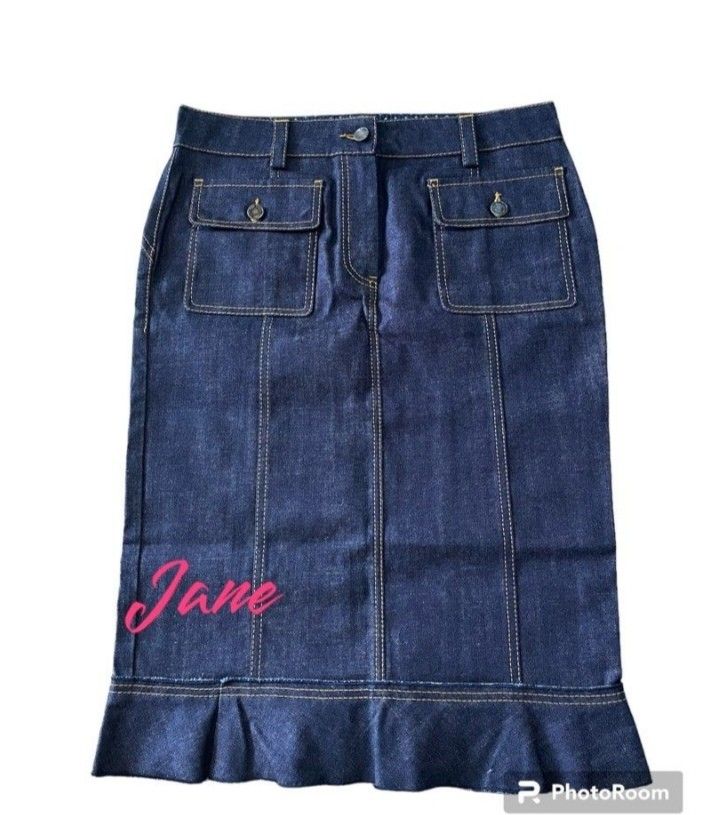 💯Authentic Louis Vuitton Denim Skirt (Category: Luxury Apparel) located in Tagum. Submitted by maryjanepradalux (Listing ID 1401495091, Image 1). Description: - Authentic Louis Vuitton denim skirt - Dark wash - Size 40 - Unique ruffled hem - Louis Vuitton logo on zipper and lining - Made in Italy - Embroidered with "Jane" on the front.