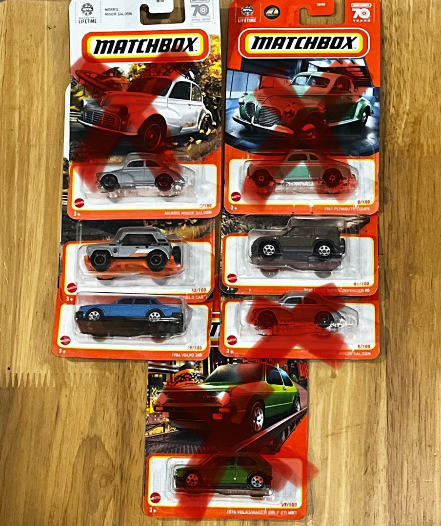 Matchbox Diecast Cars (Category: Vehicle & Diecast Models) located in Bulacan. Submitted by chuuluvr (Listing ID 1396548002, Image 1). Description: Matchbox diecast car collection Each car is in its original packaging. Perfect for collectors and enthusiasts. 100 EACH Models include: - Morris Minor Saloon (2pcs) - 1941 Plymouth Coupe - MBX Field Car - 1986 Volvo 240 - 2020 Land Rover Defender-90 - 1976 Volkswagen Golf GTI MK1 .
