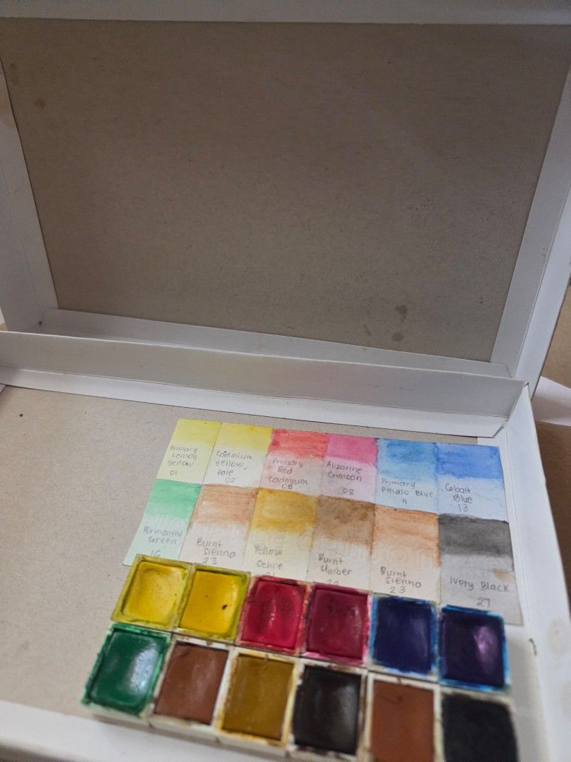 Pebeo Watercolor Paint (Category: Craft Supplies & Tools) located in Las Pinas. Submitted by tsuki25 (Listing ID 1401392281, Image 2). Description: Includes the watercolor pans only, no case. The watercolor paints are slightly used. Stored in recycled cardboard box. pay first before shipping :) (gcash/BPI/other banks).