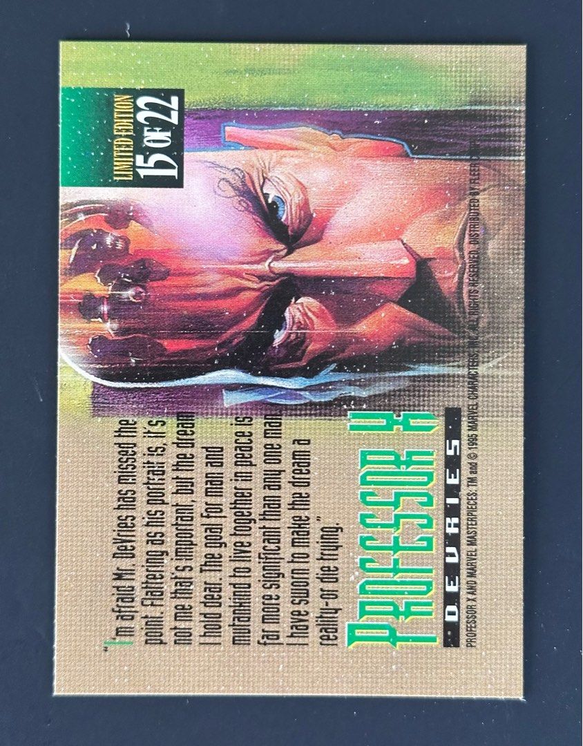 Professor X - 1995 Marvel Masterpieces Devries Canvas Insert Card (Category: Raw Singles) located in Mandaluyong City. Submitted by collectorsobsessions (Listing ID 1401419691, Image 2). Description: - Card in Near Mint condition. - PRICE: P250.