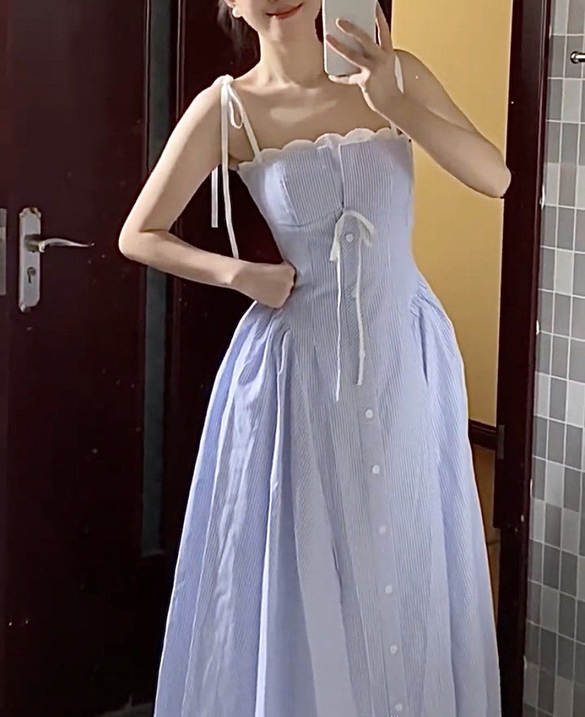 Rare! Long maxi summer spring blue biru white dress lace eyelet